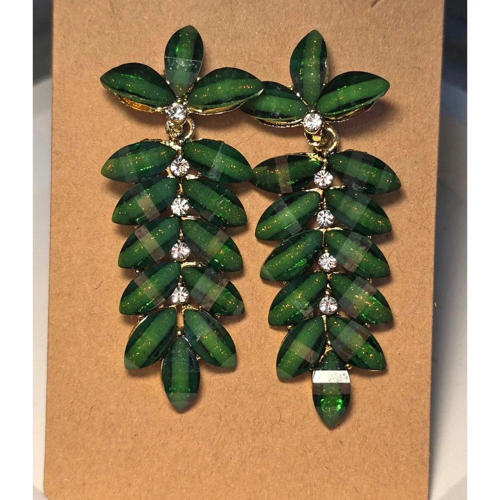 Green Leaf Drop Earrings Emerald Tone Crystal Statement Dangle Botanical Jewelry